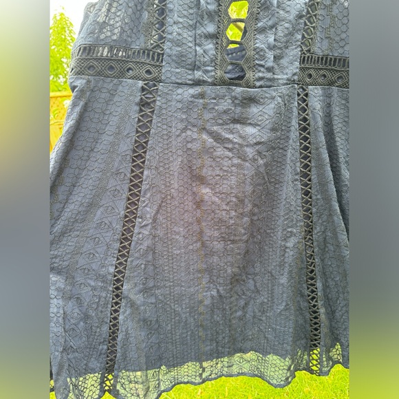 FREE PEOPLE Wherever You Go Black Navy Crochet & Lace Mini Tunic Dress, Sz 12 - Picture 9 of 16